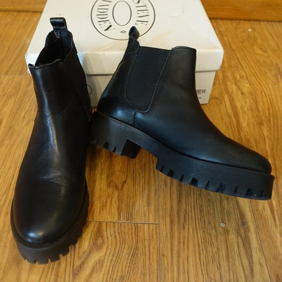 Steve Madden Black Leather Bleeker Platform Lug Chelsea Boot - Picture 1 of 6